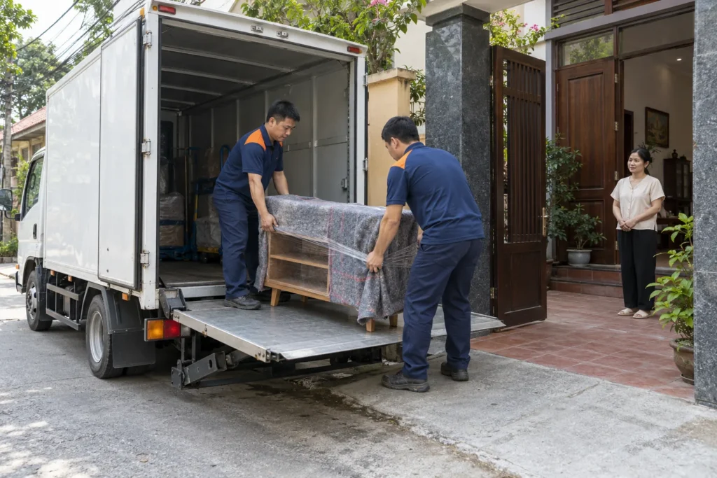 Xe tải 1 tấn thùng kín nhận đồ tại cửa nhà khi chuyển trọ cho công nhân