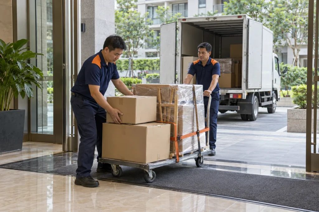 Xe tải 1,5 tấn giao đồ khi chuyển nhà cho hộ gia đình nhỏ ở chung cư