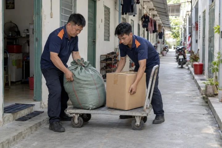 Hai nhân viên bốc xếp đồ chuyển trọ ra xe trong ngõ nhỏ