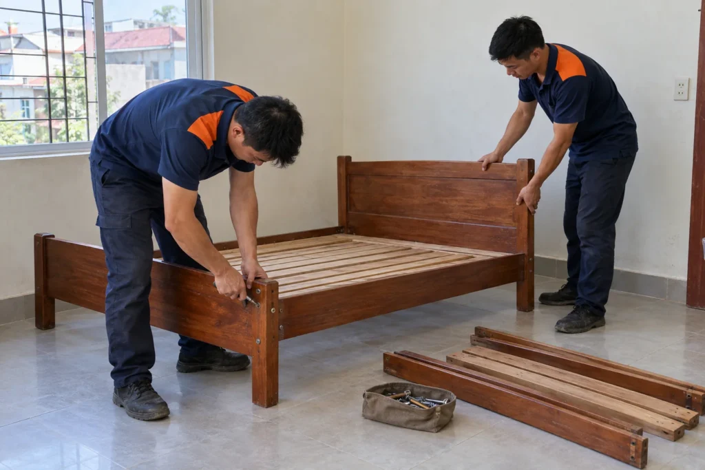 Nhân viên tháo giường đơn trước khi chuyển nhà trọ