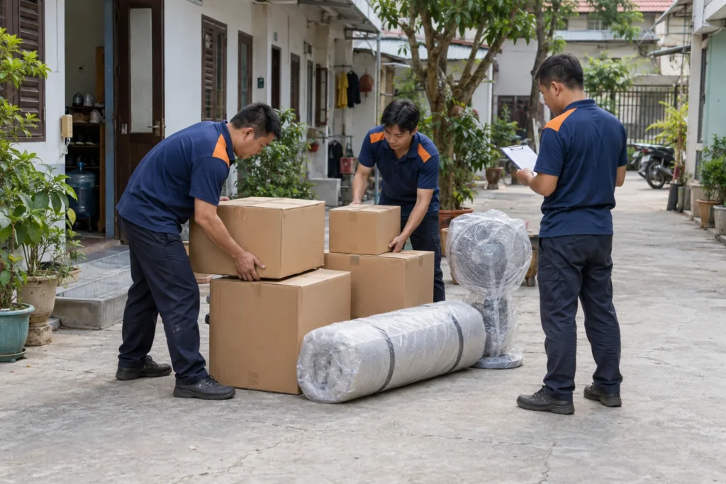 Đồ đạc phòng trọ được gom sẵn trước khi chuyển phòng trọ