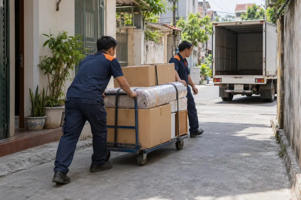 Nhân viên trung chuyển đồ ra đầu ngõ khi chuyển nhà vào ngõ nhỏ