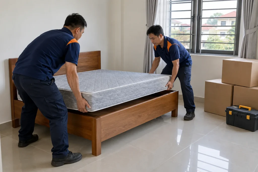 Lắp giường và đệm tại phòng trọ mới