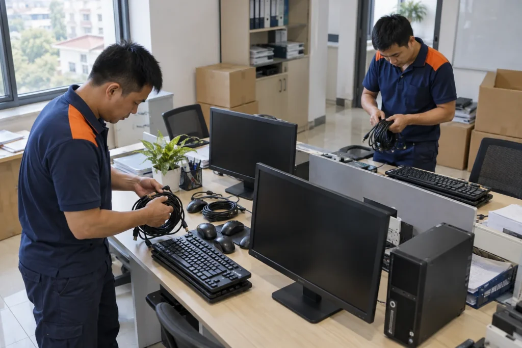Thu dây máy tính gọn khi đóng gói đồ điện tử
