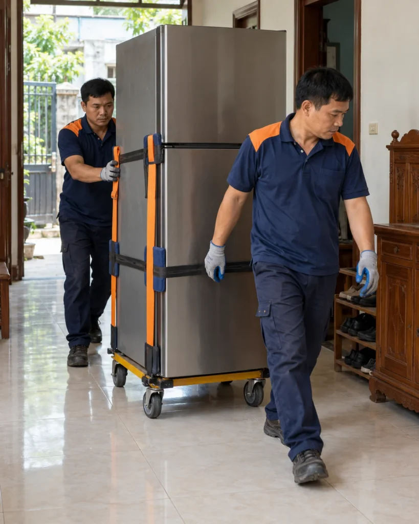 Nhân viên chuyển tủ lạnh bằng xe đẩy khi chuyển nhà