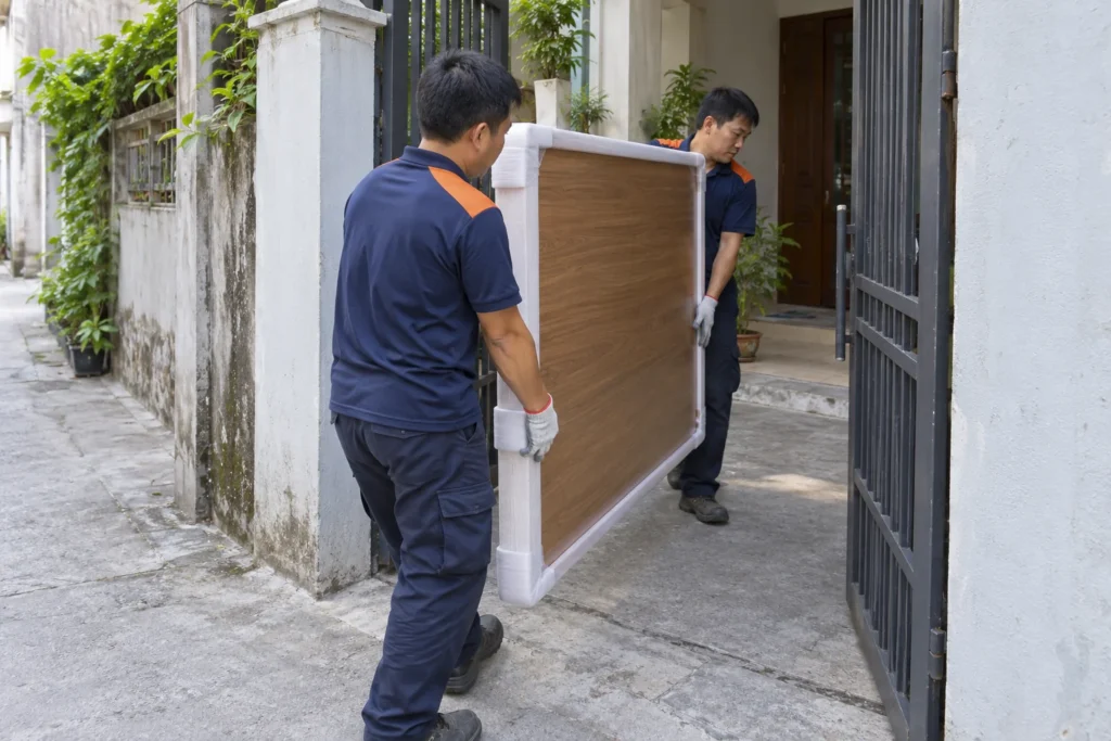 Nhân viên khiêng đồ qua cửa ngõ hẹp