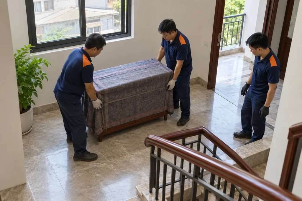 Nhân viên khuân tủ thấp qua chiều nghỉ cầu thang