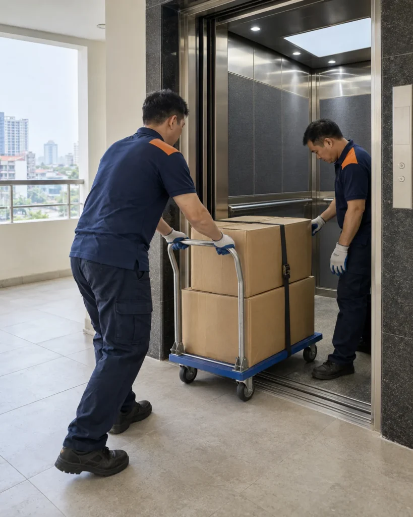 Xe đẩy chở đồ vào thang máy chung cư